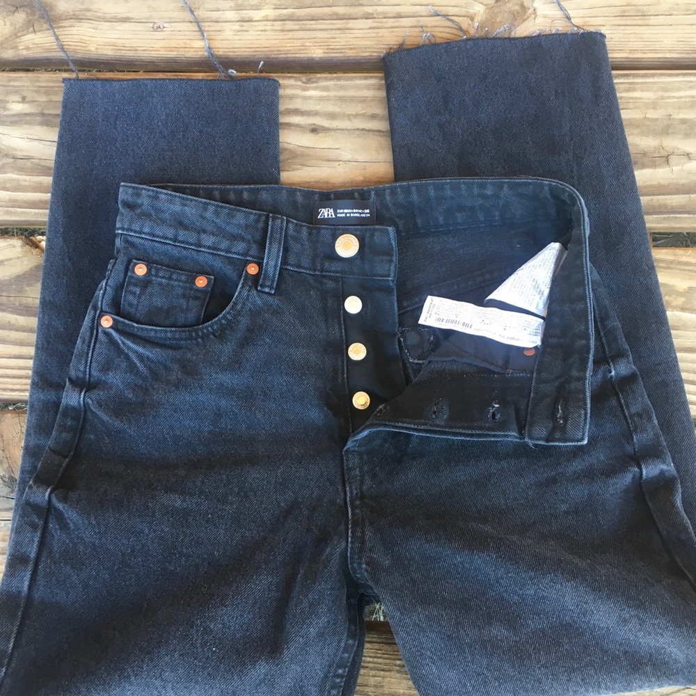 Zara Black Straight Leg Raw Hem Button Fly